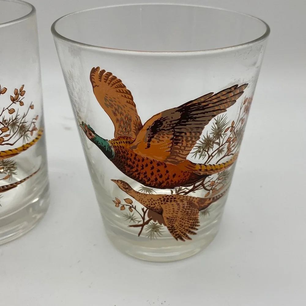 Vintage Pheasant Game Bird Drinking Glass Set of 2 Clear Tapered MCM Barware